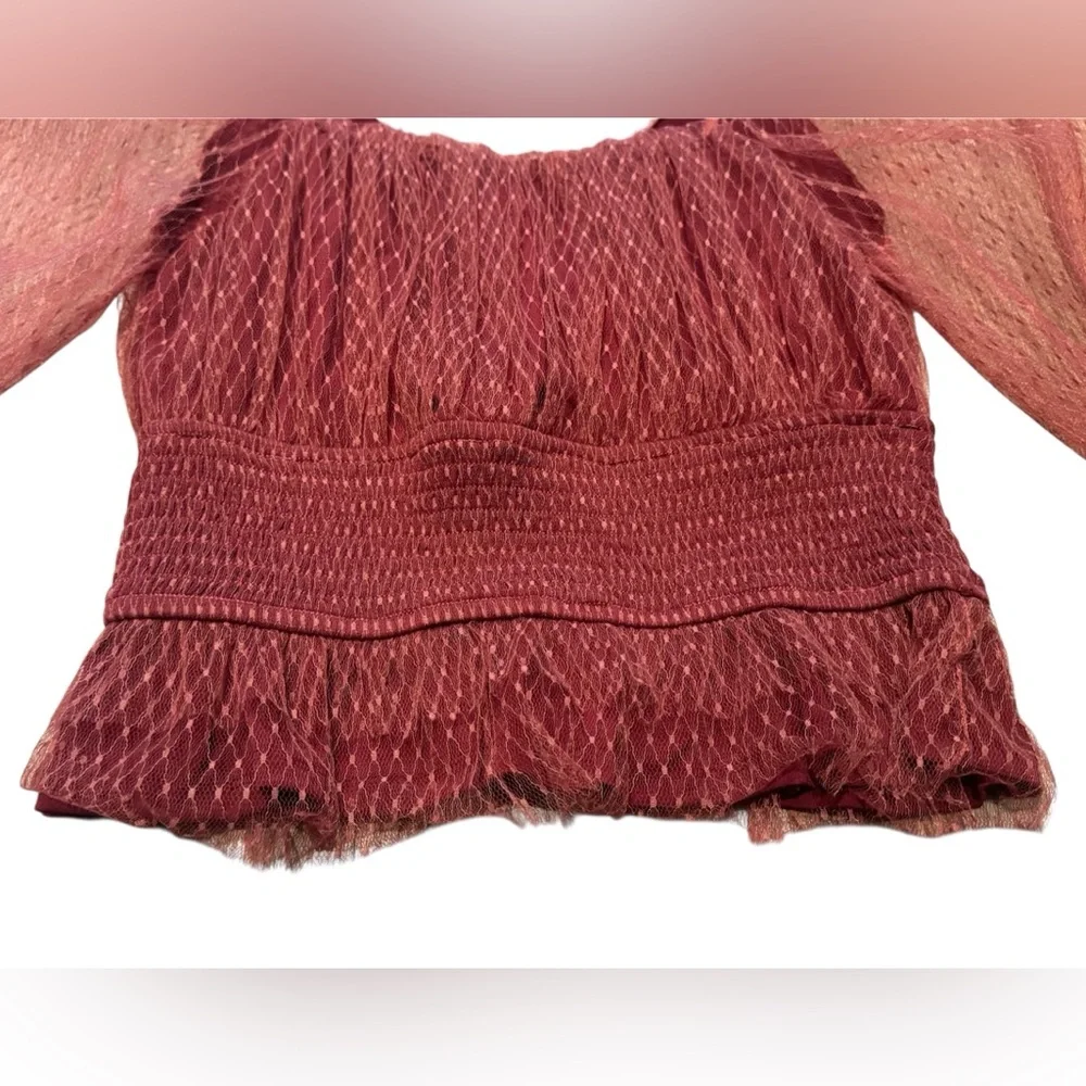 Anthropologie Red Textured Blouse with Sheer Sleeves - Picture 6 of 10